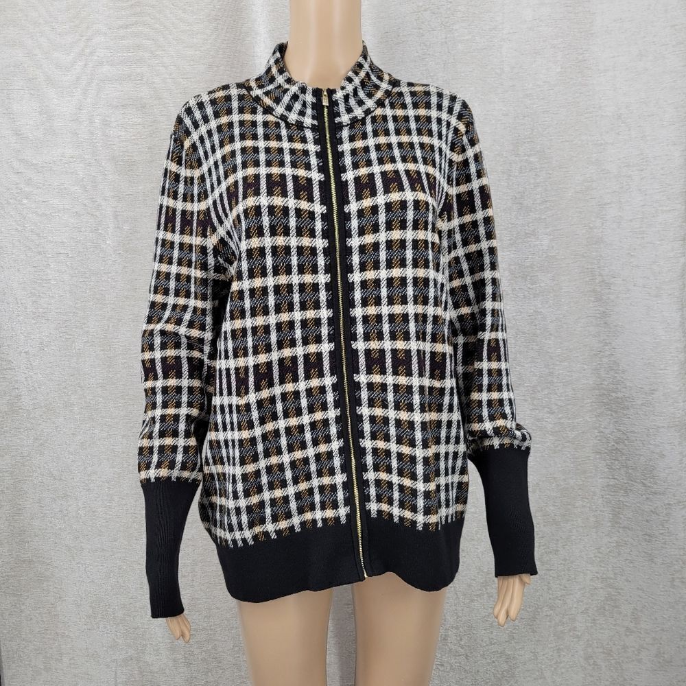 Jones New York Plaid Zip Up Cardigan Sweater Jacket Black Tan and White Cotton
